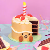 Jellycat Amuseables Birthday Cake with layered chocolate sponge, cream icing, strawberry decorations, and candle on pastel background